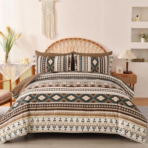 Dinjoy Boho King Size Bed in A Bag 7 Pieces,Brown/Coffee Comforter Set Aztec Striped Fall Bedding Set Bohemian Patchwork Complete Set Geometric Pattern Comforters for Women Men 90"104"