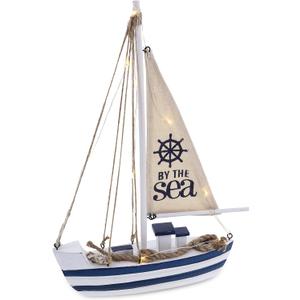 CoTa Global Ocean Blue Sea Boat with LED Light - Handmade Wooden Boat Decor, Beach Style Model Sail Boat Decorations, Nautical Themed Table Top Decor