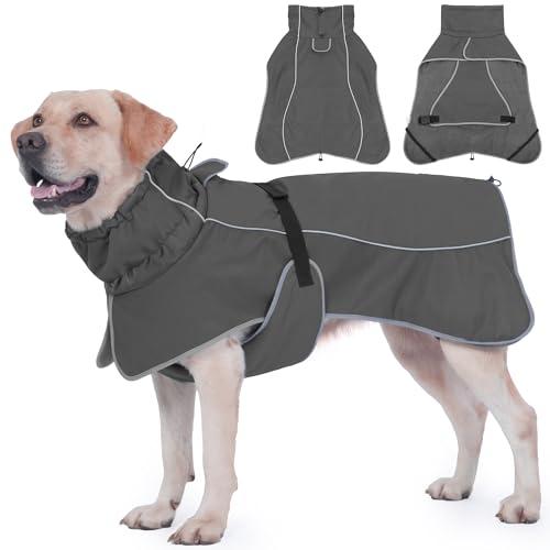 HezzLuv Dog Raincoat, Waterproof Dog Coat with Reflective Straps, Leash Hole & Polar Fleece Lining, Winter Snow Rain Coat, L