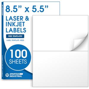 8.5" X 5.5" Printable Half-Sheet Shipping Labels Compatible with Inkjet and Laser Printers - 100 Sheets, 200 Total Matte White Paper Stickers for Mailing and Boxes - Spartan Industrial Template R025