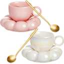 Tessco 2 Pieces Ceramic Coffee Cloud Mug Cup with Saucer, 7oz Cute Ceramic Mug with Coaster Set for Women Gift Home Office Tea Latte Milk Holiday, Pink and Pearl White(Sunflower)