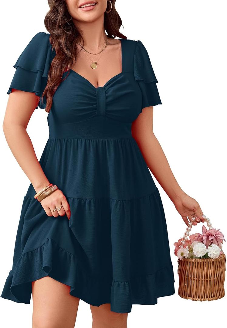 SCOMCHIC Women's Plus Size Summer Dresses Short Sleeve Sweetheart Neckline A Line Cocktail Boho Cute Mini Short Dress 2XL