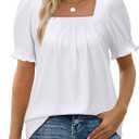 siliteelon Womens Summer Tops Pleated Square Neck Ruffle Puff Short Sleeve Blouse Cute Casual Vacation Outfits 2026 (White, S)