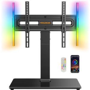 Perlegear Universal Swivel TV Stand with LED Lights for 3270 inch TVs, Height Adjustable Table Top TV Stand with Tilt, Tempered Glass Base, Holds up to 88 lbs, Max VESA 400x400mm, PGTVS32B