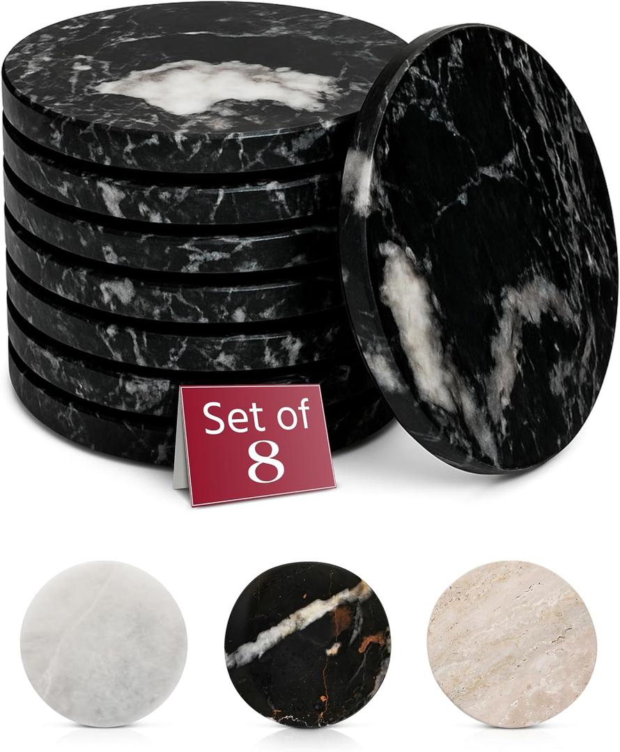 Gusto Nostro Black Marble Coasters Set of 8 - Modern Natural Stone Coasters for Drinks - Solid Marble Kitchen Accessories, Round Artisanal Stone Coaster for Kitchen Counter, Coffee Table, Countertop