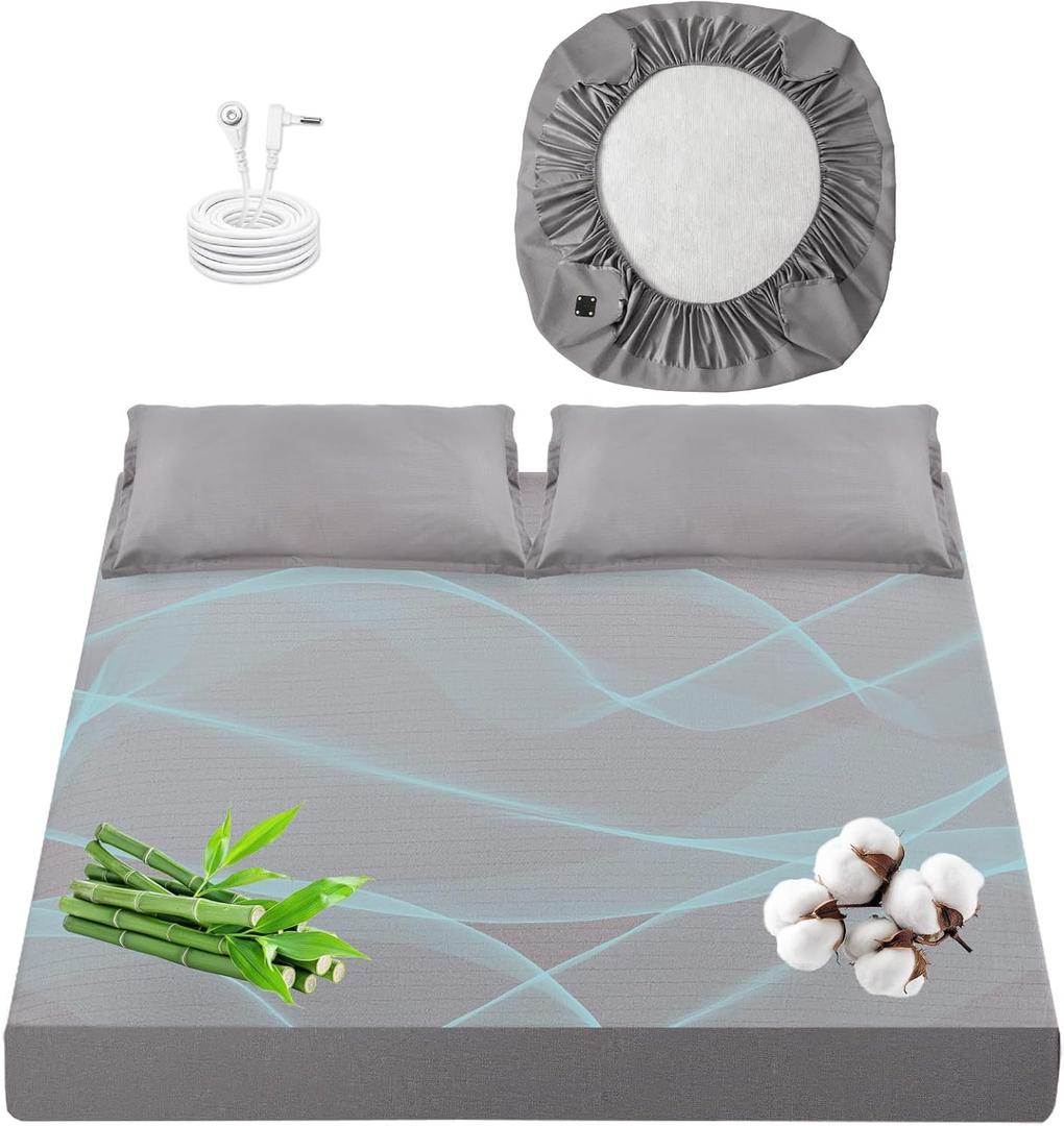 Queen Size Grounding Sheet, Earthing Fitted Bed Sheet with 50% Bamboo Viscose, 45% Organic Cotton, 5% Silver Fiber for Deep Sleep & Anxiety Relief, 15" Deep Pocket, 60x80 Inches (Gray)