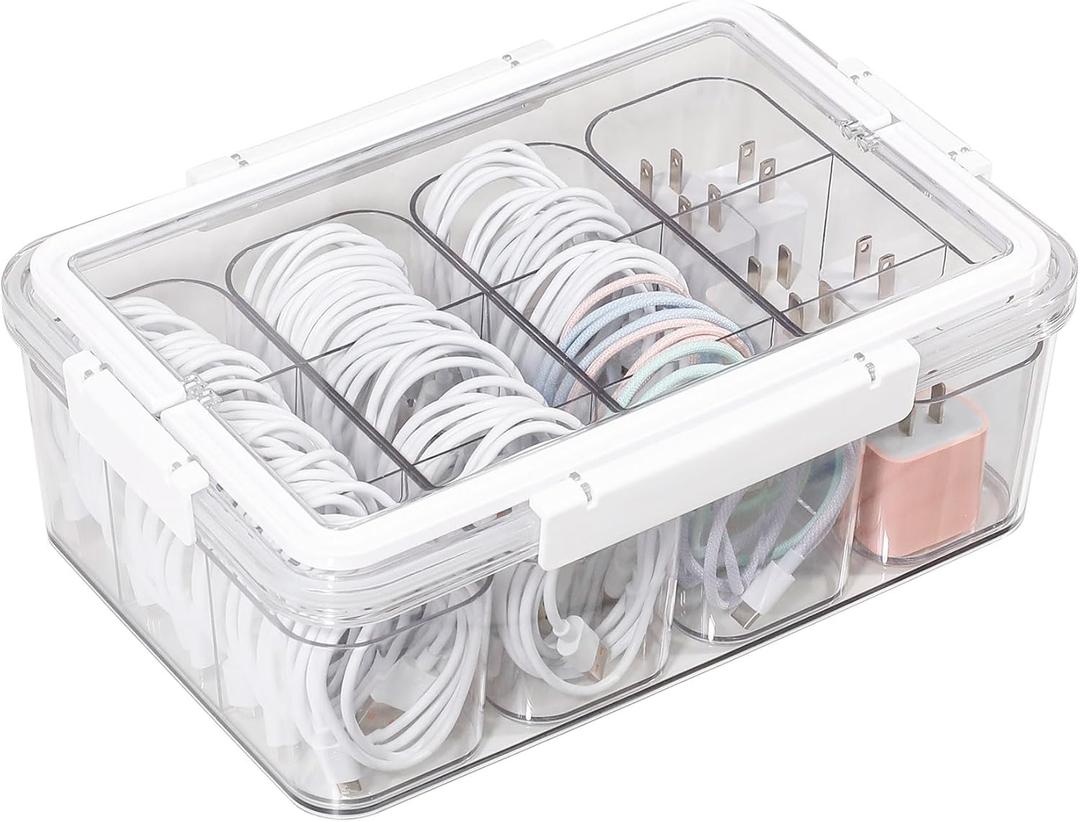 Large Cable Storage Box with Lid, Plastic Power Cords Organizer for Desk Drawer, Clear Home Office Container for Cell Phone Charger, Art Crafts and Stationery