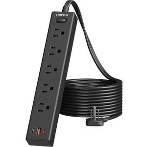 Power Strip Surge Protector, 10 Ft Ultra Flat Extension Cord, Surge Protector with 5 Outlets & 3 USB Ports (2 USB C), 1700 Joules, Wall Mount, Desktop Charging Station for Home Office, Black