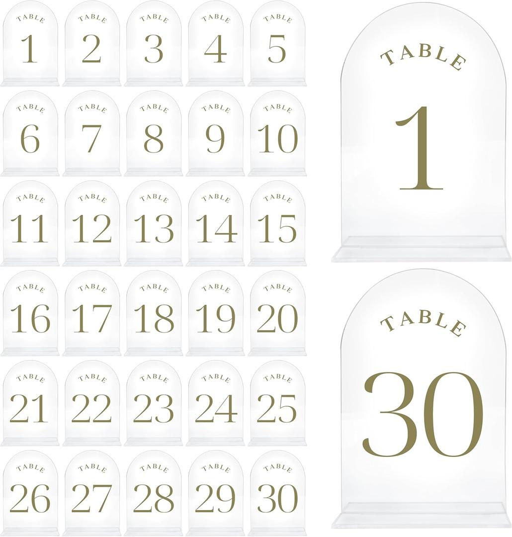 Table Numbers for Wedding Reception - Transparent Acrylic with Gold Writing, (Set of 1-30) Elegant Table Number Holders