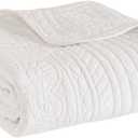 Madison Park Luxe Quilted Throw Blanket - Damask Stitching Design, Cotton Filled Spread, Ultra Soft, Cozy Bedding for Living Room Couch, Sofa, Bed, 60x72", Scalloped Borders White