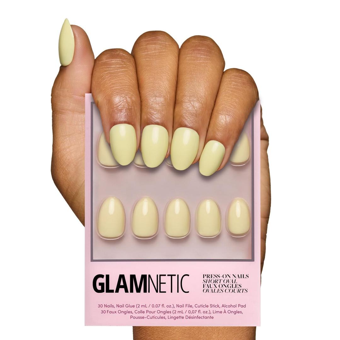 Glamnetic Press On Nails - Pastel Yellow | Short Oval Yellow Fake Nails with Glossy Finish, Salon Quality| 15 Sizes - 30 Nail Kit with Glue