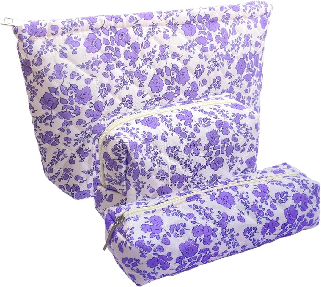 3 Piece Purple Quilted Floral Makeup Bag Set Small Cosmetic Bag For Women Cute Cotton Makeup Pouch For Purse