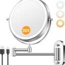 Auxmir 1X/30X Wall Mounted Lighted Makeup Mirror, 8" Rechargeable Double-Sided Magnifying Mirror with Light, Touch Dimmable 3 Color Light, 360° Rotation Foldable Extended Arm, Chrome