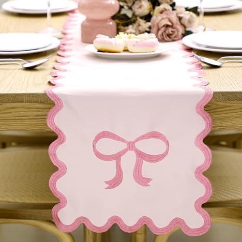 Windkream Pink Bow Table Runner 72 Inches Embroidery Scalloped Table Runner Cute Coquette Dining Decor for Birthday Baby Shower Party Valentine Home Decor 2Pack