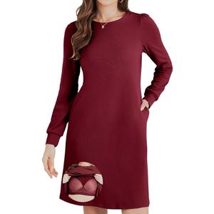 JOYSHAPER Women's Knit Dress with Long Puff Sleeves for Women Fall Dress Winter Dress Casual Long Tunic Dress with Pockets, M 