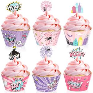 Pajean 60 Pieces Pink Spider Cupcake Toppers and Wrappers, Hero Cupcake Decorations for Girl Birthday Baby Shower Party Decorations Supplies