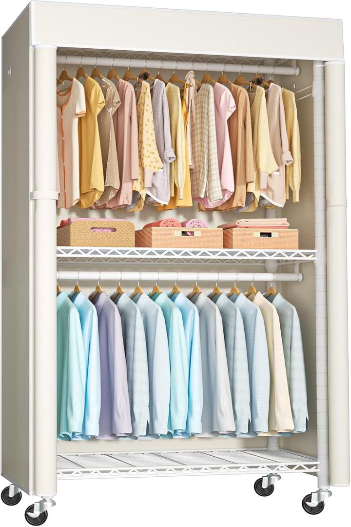 FUTASSI White Clothing Rack with Beige Cover, P1C Rolling Closets with Wheels, Metal Garment Rack for Hanging Clothes, Clothing Storage Wardrobe, 36.2" W x 16.5" D x 80.5" H, Load 450 Pounds