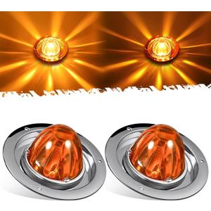 Partsam 2Pcs Amber Glass Lens Watermelon Lights Kit LED Side Marker Turn Signal Lights with Stainless Steel Bezel and Base Replacement for Peterbilt Freightliner Trucks Trailers RVs Motohomes