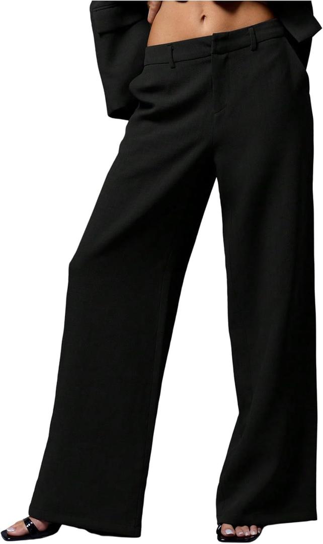 GORGLITTER Women's Low Rise Dress Pants Dressy Low Waisted Wide Leg Straight Business Work Trousers Slacks Pants Bottoms (Black, Small)