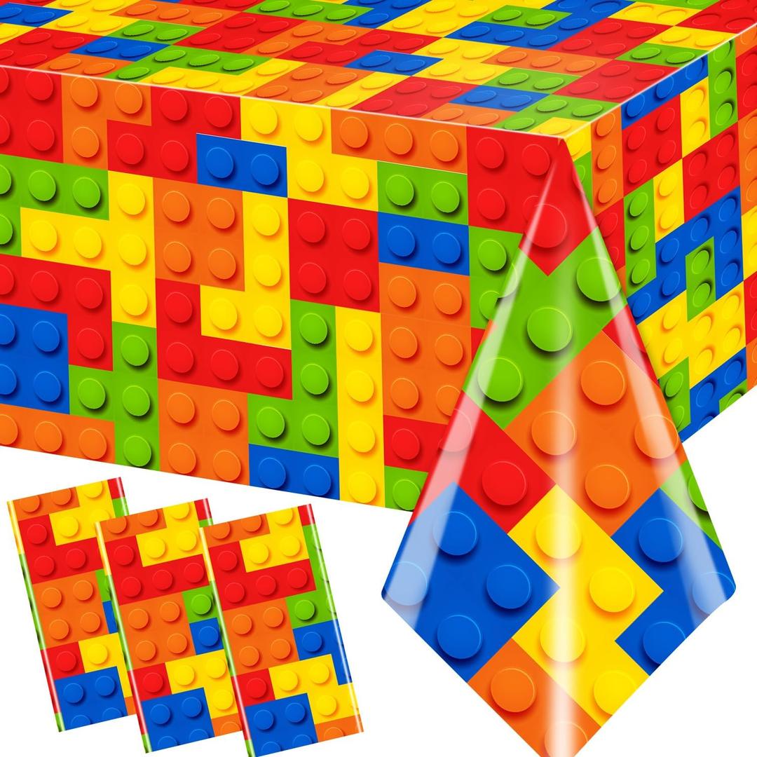 3pcs Building Block Tablecloths, Birthday Party Supplies Waterproof Plastic Colorful Blocks Bricks Table Cover for Building Block Party Decoration