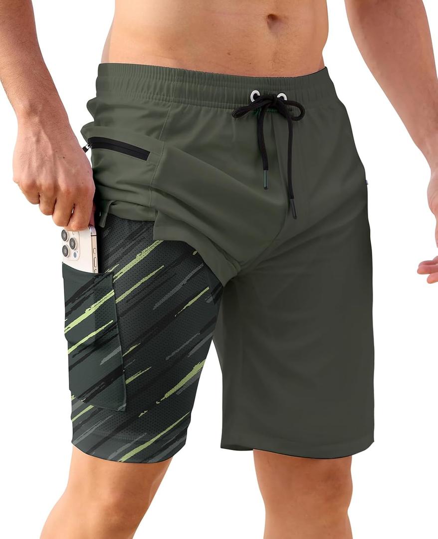 APTRO 2 in 1 Men's Swim Trunks 9" with Zipper Pockets Bathing Suit Built-in Board Shorts Swimwear Long Shorts (Green, XXXL)