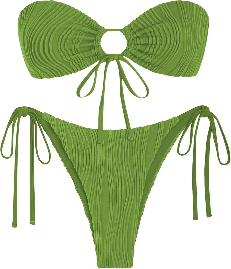 ZAFUL Women's Bandeau Bikini Set O Ring Strapless Swimsuit Tie Side Swimwear Halter Two Piece Bathing Suit S/6