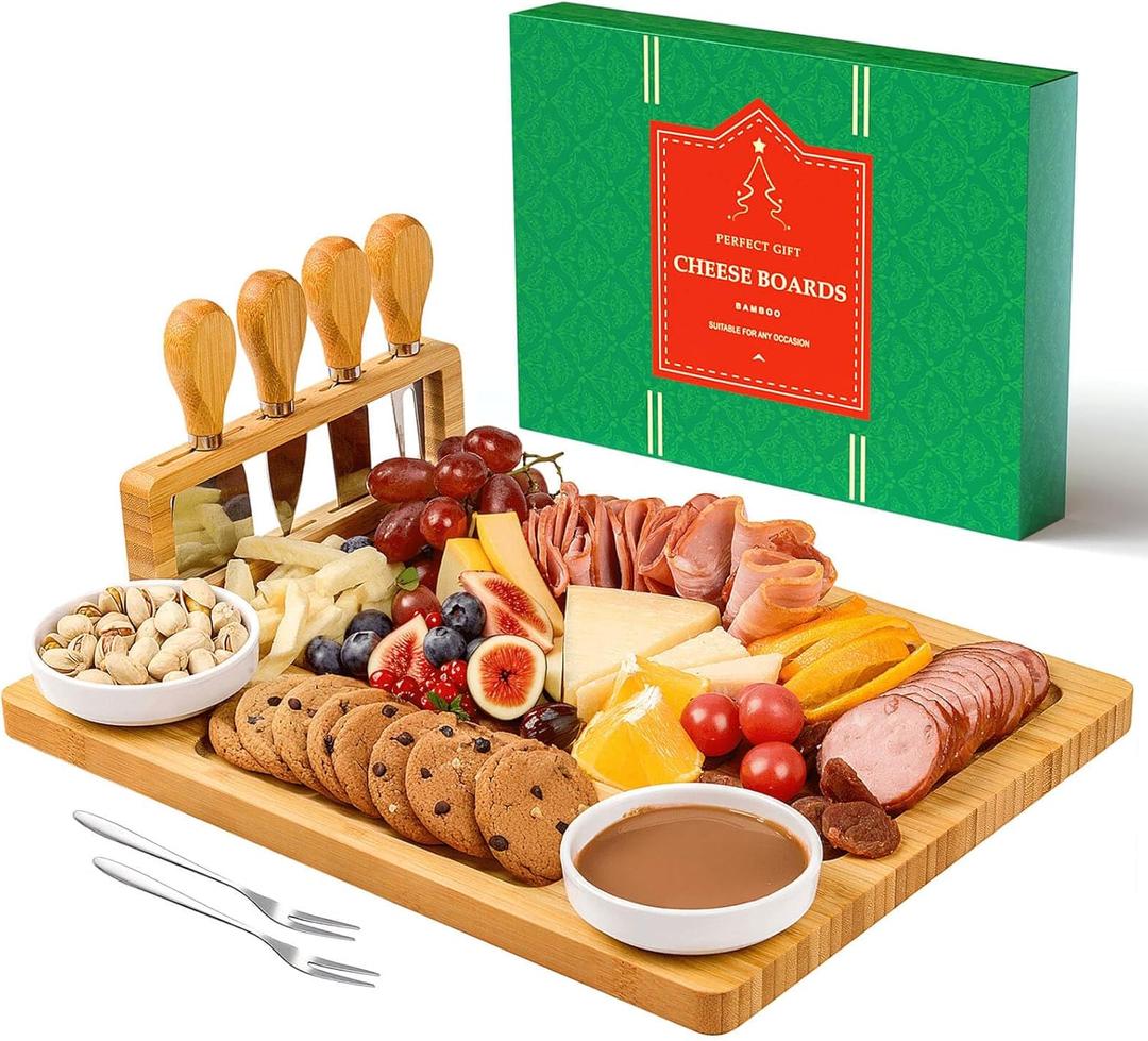 Charcuterie Boards Set Cheese Board - Large Bamboo Cheese Board and Knife Set, Cutting Board Platter Cheeseboard Cheese Plate Tray for Christmas Wedding Housewarming Gifts