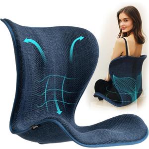 Ergonomic Lumbar Support Posture Corrector Back Seat Cushion for Office Chair, Wide Waist Butt Cradle for Men Women Long Teens Sitting Desk Work Gaming Accessory, One Piece Backrest Straightener, Blue