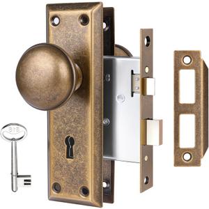 Mortise Lock Set for Interior Door, Vintage Antique Door Knobs with Lock and Skeleton Key, Old Door Knob Replacement Fits 1-3/8 in 1-3/4 in, Vintage Brass Finish
