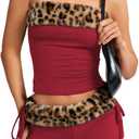2000S Sexy 2 Piece Leopard Club Outfits, Ruched Tube Strapless Crop Top, Low Rise Booty Shorts Casual Going Out Rave (Burgundy-brown Cheetah, XL)
