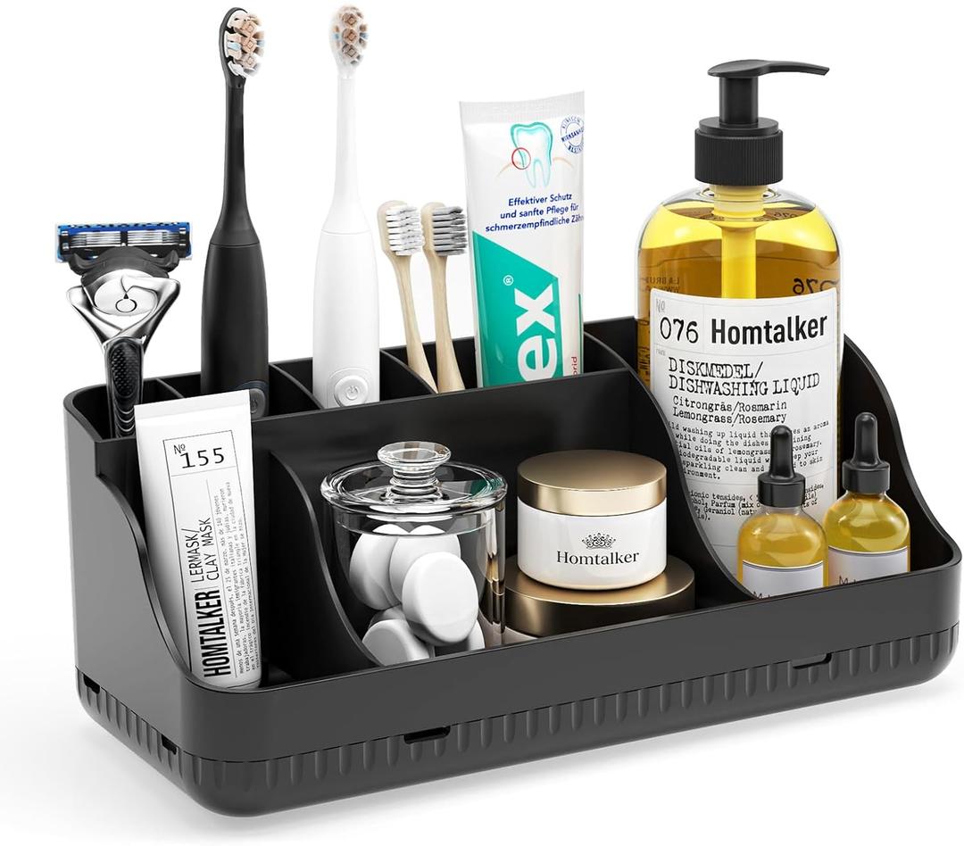 Bathroom Counter Organizer and Storage, 7 Slots Detachable Toothbrush Holders for Bathrooms, Anti-Slip Electric Toothbrush and Toothpaste Holder Countertop Vanity Organizer Accessories for Adults Kids (Black)
