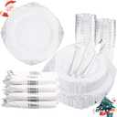 Liacere 350PCS Silver Plastic Plates&Pre Rolled Napkins for 50 Guests - Plastic Dinnerware Sets 100Silver Disposable Plates, 150Silver Silverware, 50Cups and 50Napkins for Christmas