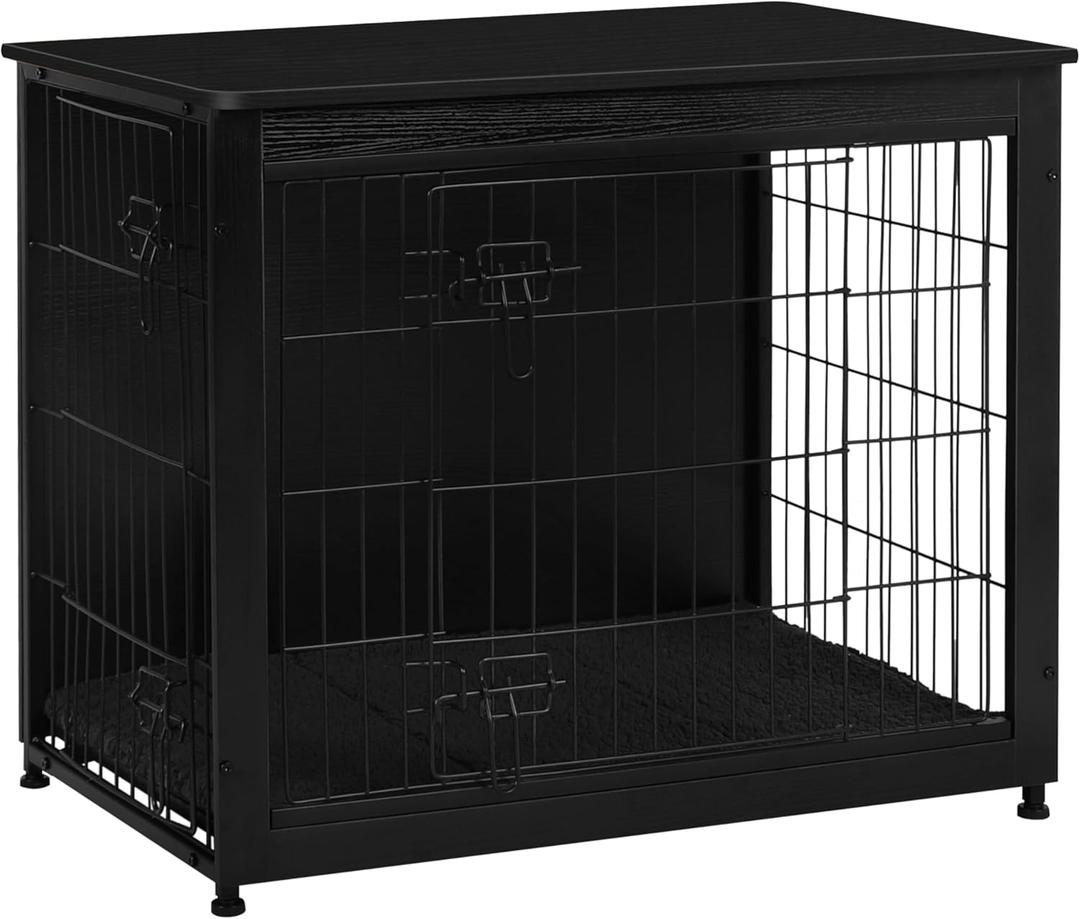 DWANTON Dog Crate Furniture with Cushion, Wooden Kennel Table with Double Doors, Indoor Dog House, Medium, Size 32.5"L x 21.9"W x 25.6"H, Black