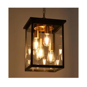 16.7'' Large Outdoor Pendant Light, 4-Lights Black and Brushed Brass Exterior Hanging Porch Chandelier Lantern with Clear Glass, Outdoor Ceiling Light Fixture for Entryway Gazebo Patio