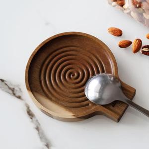 Acacia Spoon Rest for Kitchen Counter  Smooth Round Wooden Utensil Holder with Swirl Pattern, Non-Slip Design for Spatulas, Tongs & Coffee Spoons, Stylish Gift for Cooking Enthusiasts