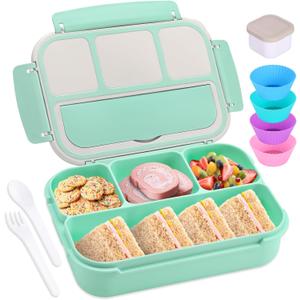 Bento Box Adult Lunch Box, Lunch Containers for Kids Girls Boys with 4 Compartments, Lunchable Food Container with Utensils, Sauce Jar, Muffin Liners, 40 Oz/5 Cup, Seafoam Green (1200ML)
