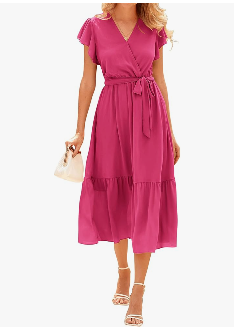BTFBM Women Summer Bohemian Floral Casual Wrap V Neck Ruffle Cap Sleeveless Belt A-Line Pleated Hem Midi Sun Dress Pink, Size M