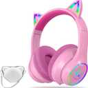 LOBKIN Bluetooth 5.4 Kids Headphones with Case - RGB LED Light Up Cat Ears Foldable Adjustable Over Ear Headphone Support Wireless or 3.5mm Wired Mode for Toddler & Girls & Boys Teens