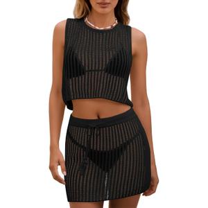 Fisoew Womens 2 Piece Crochet Sets Sleeveless Crop Tops Cover Up Beach Mini Skirt Outfits Vacation Sets