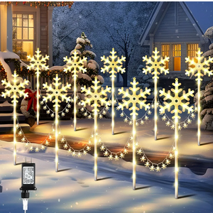 Enhon 10 Pack Snowflake Christmas Pathway Lights Outdoor, 8 Lighting Modes Waterproof Christmas Pathway Markers Lights with Timer for Xmas Walkway Patio Yard Lawn Outdoor Decorations(Warm White)