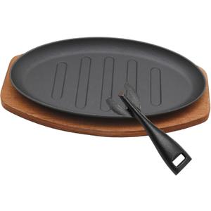 Cast Iron Steak Plate Sizzle Griddle, Round Shape Grill Fajita Server Plate, with Wooden Base Steak Pan, Household use or Restaurant Supply (10" Diameter)