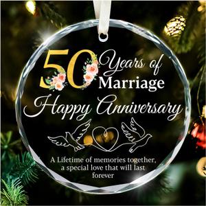 3 x 50th Wedding Anniversary Glass Ornament  Golden 50 Years of Marriage Keepsake Gift, Happy Anniversary Decoration for Parents, Grandparents, Mom and Dad, Christmas Tree Hanging Ornament