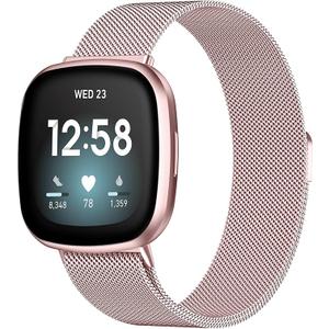 Compatible with Fitbit Versa 3/4 Bands, Rose Gold Stainless Steel Metal Mesh Band Bracelet Strap Replacement for Men & Women, Large