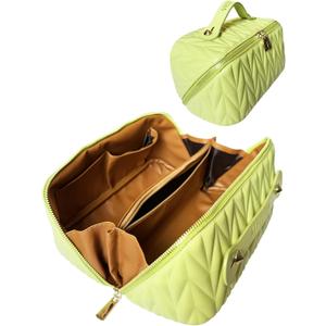 Travel Makeup Bag for Women, Large Capacity Cosmetic Bags for Girls, Compact Pouch Make up Organizer, Waterproof Toiletry Bag with Divider and Handle (Green)