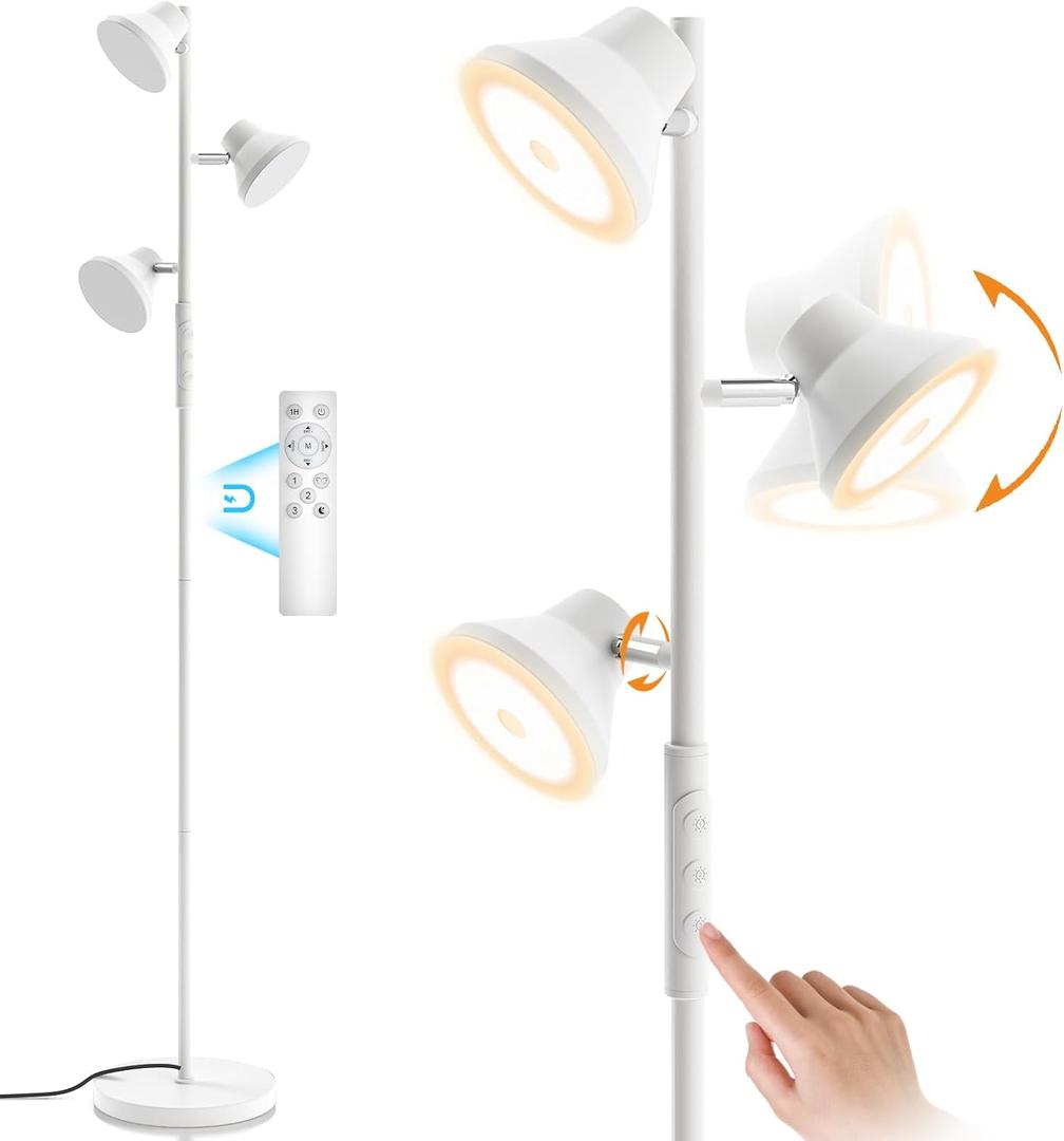 SIBRILLE White Floor Lamp, 36W Modern Dimmable Standing Lamp 2700-6500K, 3 Rotatable LED Lights Reading Tall Lamp, Touch & Remote Control Floor Lamps for Living Room Bedroom Office, FLH-036-F2