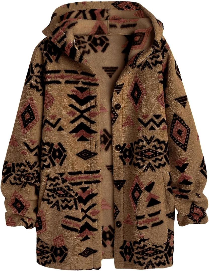 SELINK Womens Aztec Print Fleece Hoodie Jacket Button Down Shacket Casual Sherpa Coats Warm Outwear with Pockets, M