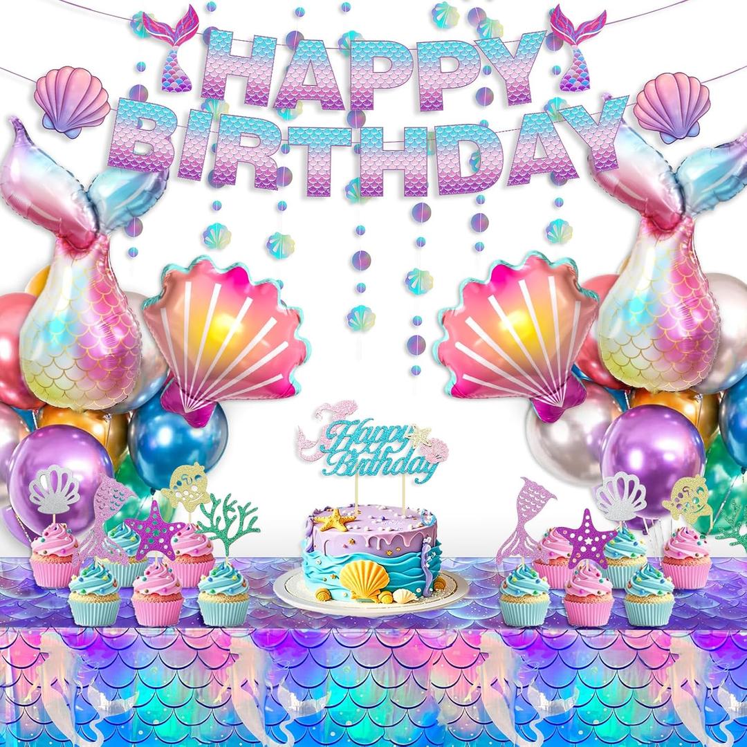 Winrayk Purple Mermaid Party Decorations Birthday Supplies for Girls, Large Foil Balloon with Birthday Banner/ Shell Garland/ Tablecloth/ Metallic Balloon/ Cake Topper, Little Mermaid Party Decoration