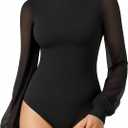 MANGOPOP Women’s Sheer Mesh Puff Long Sleeve Bodysuit Double Lined Crew Neck Thong Body Suits Trendy Fall Tops 2025, S
