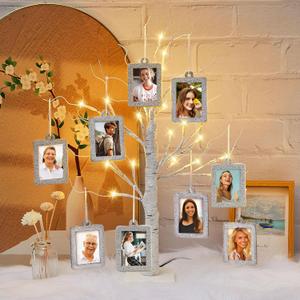 Leinuosen Mothers Day Gifts Lighted Family Tree Picture Frame Stand with 10 Pcs 2 x 3'' Hanging Photo Frames Lighted Birch Family Tree 23.6'' Holds for Christmas Mother's Day Gifts Table Decor (White)