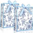 Kolldenn 24 Pcs Blue Floral Gift Bags with Handles 9"x7"x3.15" Elegant Paper Gift Bags with Bow Ribbon for Wedding Birthday Baby Shower Bridesmaid Party
